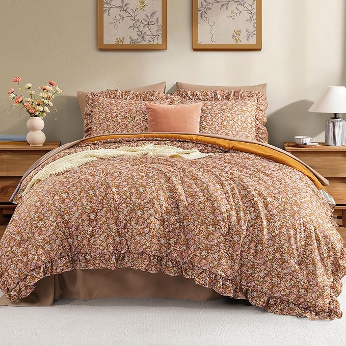 King Comforter Set - 7 Pieces Ruffle Brown Bedding Sets, Shabby Chic Farmhouse Bed in a Bag with Ruffle Comforter, Sheets, Pillowcases & Shams