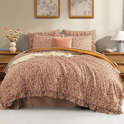 Full Comforter Set - 7 Pieces Ruffle Brown Floral Bedding Sets, Shabby Chic Farmhouse Bed in a Bag with Ruffle Comforter, Sheets, Pillowcases & Shams