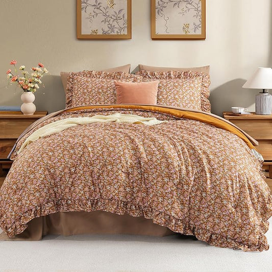 Full Comforter Set - 7 Pieces Ruffle Brown Floral Bedding Sets, Shabby Chic Farmhouse Bed in a Bag with Ruffle Comforter, Sheets, Pillowcases & Shams