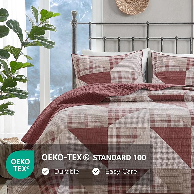 Woolrich Reversible Coverlet Set - Cottage Styling Reversed to Solid Color, All Season Lightweight Coverlet, Cozy Bedding Layer, Matching Shams, Oversized Full/Queen, Olsen Red | Reversible, Lightweight, All Season