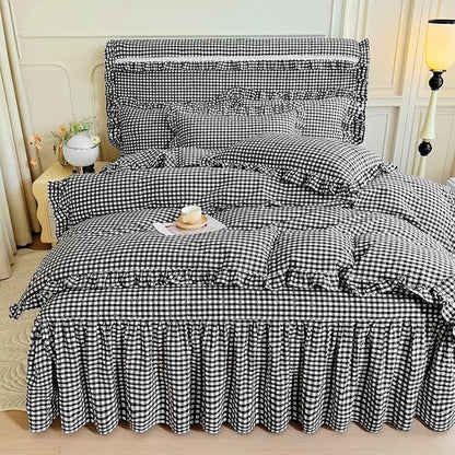 mixinni Vintage Black Gingham Ruffle Comforter Set 3-Piece Washed Cotton Twin XL Size Grid Bedding Set with Geometric Checkered Pattern, Farmhouse Chic Soft Fluffy Comforter for All-Season