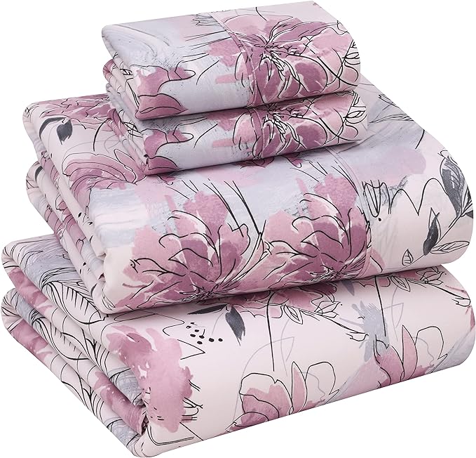 Ruvanti 100% Cotton Bed Sheets, 4 Pcs Bed Sets, Lilac Floral Print Full Size Sheets Set, Soft, Breathable, Deep Pocket Sheets, Cooling Bedding Sheets Set Include 1 Flat, 1 Fitted Sheet, 2 Pillowcases.