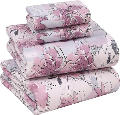 Ruvanti 100% Cotton Bed Sheets, 4 Pcs Bed Sets, Lilac Floral Print Full Size Sheets Set, Soft, Breathable, Deep Pocket Sheets, Cooling Bedding Sheets Set Include 1 Flat, 1 Fitted Sheet, 2 Pillowcases.