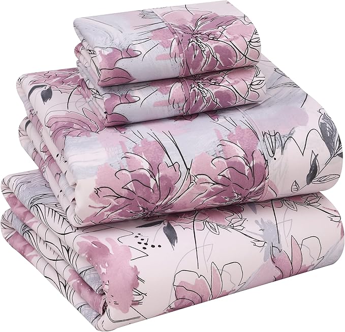 RUVANTI 100% Cotton Sheets – King Size Percale Bedding, Cooling & Breathable Floral Design, Durable with a Crisp, Soft & Comfortable Feel, 16" Deep Pocket, 4-Piece Set, Lilac Floral