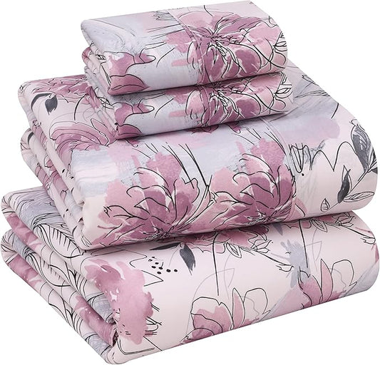 RUVANTI 100% Cotton Sheets – King Size Percale Bedding, Cooling & Breathable Floral Design, Durable with a Crisp, Soft & Comfortable Feel, 16" Deep Pocket, 4-Piece Set, Lilac Floral