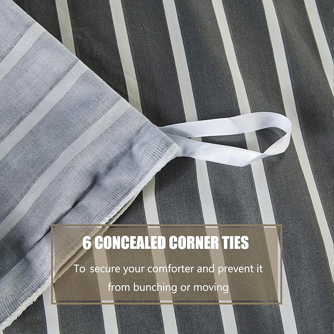 JELLYMONI 100% Natural Cotton 3pcs Striped Duvet Cover Sets, Dark Grey with White Stripes Pattern Printed Comforter Cover, with Zipper Closure & Corner Ties(Queen Size)