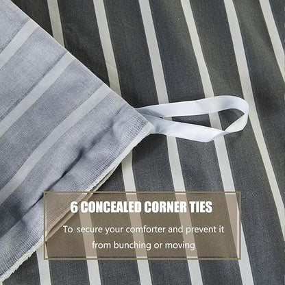 JELLYMONI 100% Natural Cotton 3pcs Striped Duvet Cover Sets, Dark Grey with White Stripes Pattern Printed Comforter Cover, with Zipper Closure & Corner Ties(Queen Size)