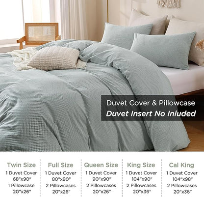 TOCOMOA Mini Gingham Green Duvet Cover Bedding Set 100% Washed Cotton Like Linen Feel Super Soft Comfortable 3 Piece Small Plaid Checkered Comforter Cover Set (King 104"x90", Comforter Not Included)