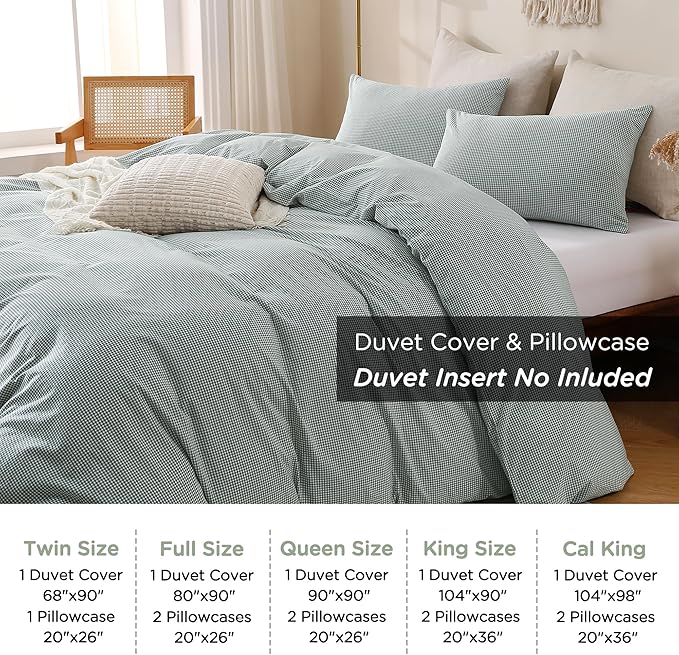 TOCOMOA Mini Gingham Green Duvet Cover Bedding Set 100% Washed Cotton Like Linen Feel Super Soft Comfortable 3 Piece Small Plaid Checkered Comforter Cover Set (Queen 90"x90", Comforter Not Included)