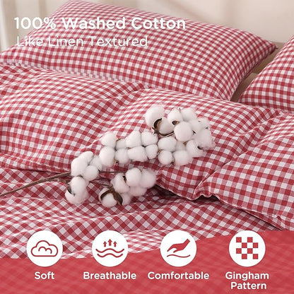 TOCOMOA Red Gingham Duvet Cover Bedding Set 100% Washed Cotton Like Linen Feel Super Soft Comfortable 3 Piece Cute Plaid Checkered Comforter Cover Set (King 104"x90", Comforter Not Included)