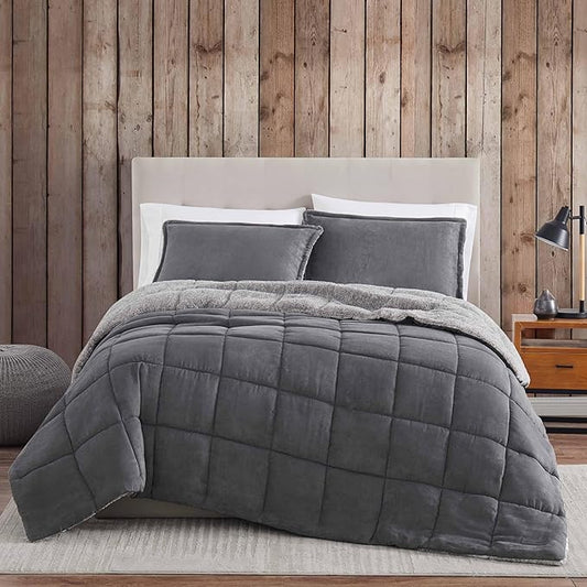 Eddie Bauer - Queen Comforter Set, Microsuede Bedding with Soft Sherpa Reverse, 3 Piece Bed Set with Matching Pillowcases (Sherwood Grey)
