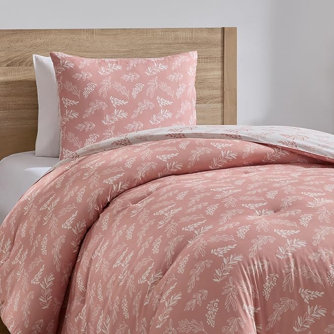Nestl Twin/Twin XL Comforter Set - Blush Bed in a Bag Twin, 2 Pieces Reversible Bed Set, Soft Floral Bedding Set for College Dorm, All Season Botanical Comforters with Pillow Sham