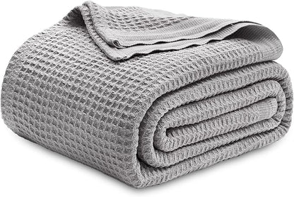 Bedsure Gentlesoft 100% Cotton Blanket Queen Size for Bed - Cooling Breathable and Soft for Spring Summer, Thick Cozy Waffle Weave Blanket Gifts for Women, Grey, 90x90 Inches