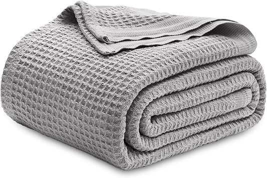 Bedsure Gentlesoft 100% Cotton Blanket Queen Size for Bed - Cooling Breathable and Soft for Spring Summer, Thick Cozy Waffle Weave Blanket Gifts for Women, Grey, 90x90 Inches