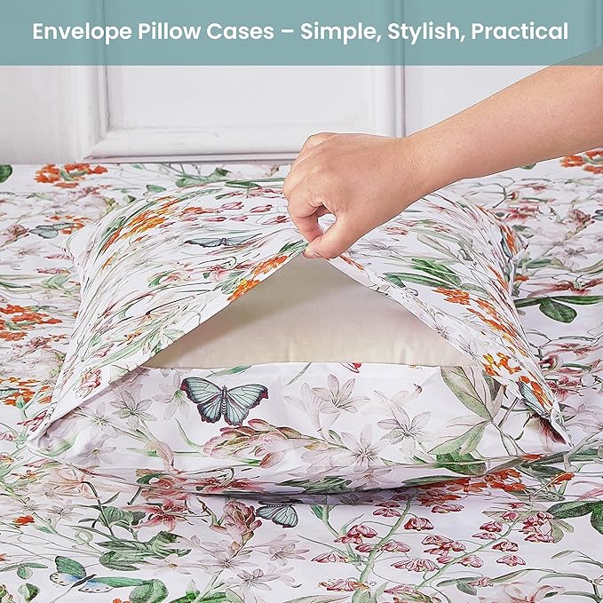 Softan Green Floral Queen Sheet Set, Cozy Microfiber Butterfly Printed Fitted Bed Sheet with 15" Deep Pockets & Corner Non-Slip Straps, Botanical Patterned Sheets & Pillowcase Set