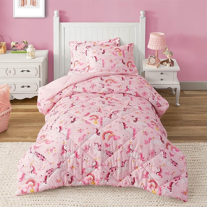 Twin Unicorn Comforters for Girls, 2 Pieces Kids Unicorn Bedding Kids Comforter Sets, Super Soft Lightweight for All Season, Includes 1 Comforter (66"x86") and 1 Pillowcase (20"x26"+2")