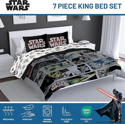 Star Wars Comic Book King Size Comforter Set - 7 Piece Bedding Includes Sheet Set & Pillow Covers - Super Soft Cozy Kids Bedding