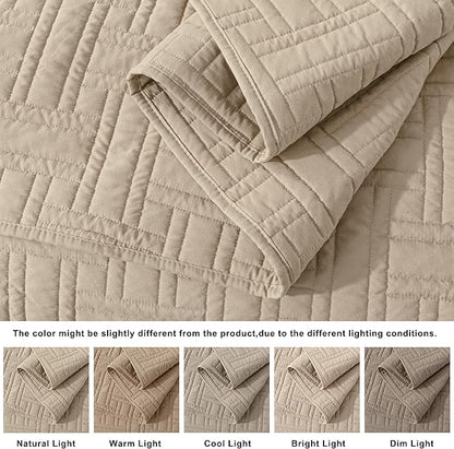 Beige Quilt Queen Size Bedding Sets with Pillow Shams, Cream Tan Lightweight Soft Bedspread Coverlet, Basket Weave Quilted Blanket Thin Comforter Bed Cover for All Season, 3 Pieces, 90x90 inches