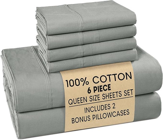 Casa Platino Bed Sheets Queen – 100% Cotton Queen Size Bed Sheet Set with 4 Pillowcases, Cool and Soft Percale Fabric, Ideal for All-Season Comfort, Ultra Soft With 15" Deep Pocket Fitted Sheet – Grey