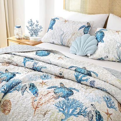 weigelia Coastal Quilt Set King Size - Sea Turtle Ocean Print Lightweight Soft Microfiber Summer Comforter with 2 Pillow Cases - Beach Bedding Coverlet Decor for All Seasons, Bedroom & Guest Room