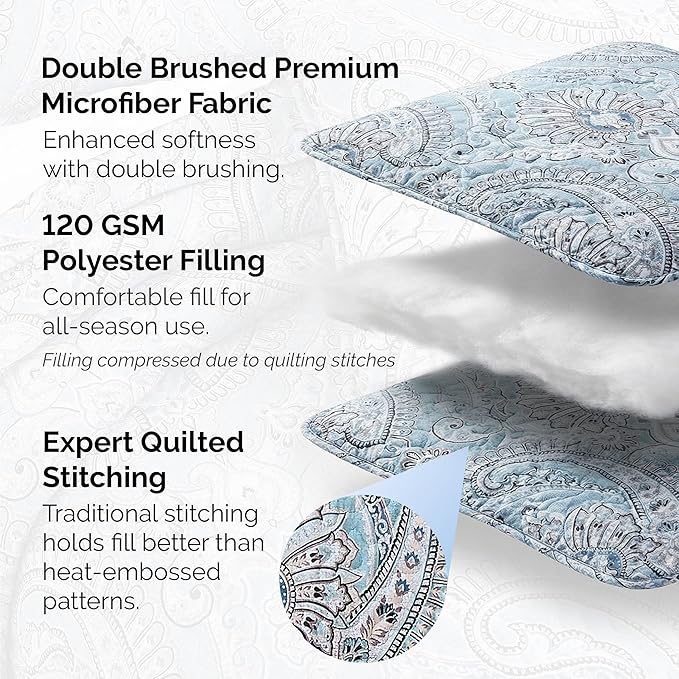 Southshore Fine Living, Inc. Oversized Quilt King Size Bedding Set, Lightweight Comforter, Cal King Quilt Coverlet & 2 Matching Quilted Pillow Shams, Blue Paisley Comforter Set, Pure Melody Aqua