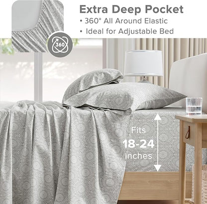 Comfort Spaces Extra Deep Pocket, 100% Cotton King Fits up to 24" Mattress, Breathable, Naturally Cool, Soft, All Seasons Sheet Set, Adelia Grey 4 Piece