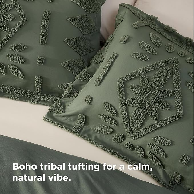 Bedsure Boho Duvet Cover Queen Size, Soft & Comfortable Elegant Design Boho Bedding for Decoration, Machine Washable Comforter Cover for All Seasons,Includes 1 Duvet Cover & 2 Pillow Shams,Olive Green