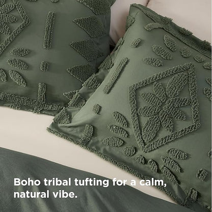 Bedsure Boho Duvet Cover Queen Size, Soft & Comfortable Elegant Design Boho Bedding for Decoration, Machine Washable Comforter Cover for All Seasons,Includes 1 Duvet Cover & 2 Pillow Shams,Olive Green
