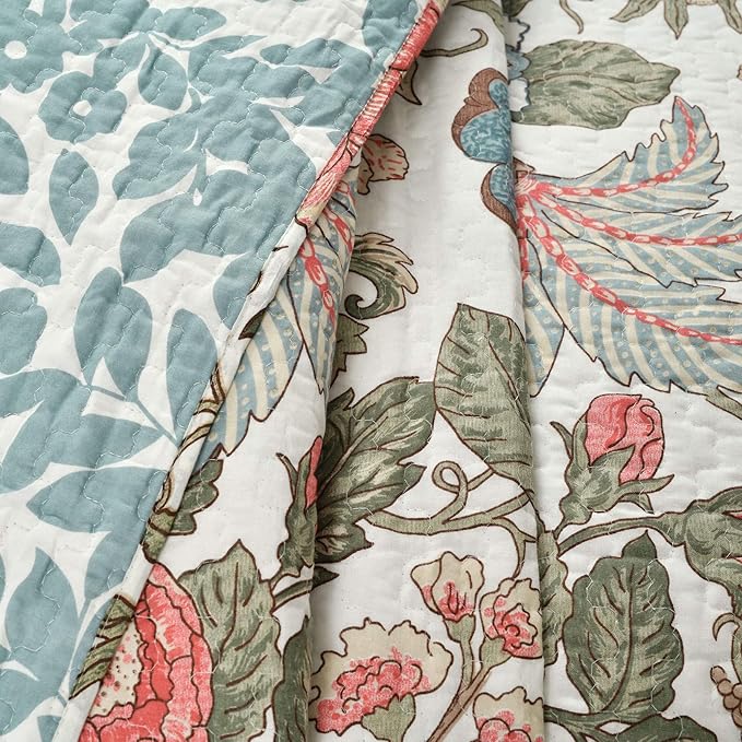 Lush Decor Sydney Reversible Cotton Quilt Set, 3 Piece Set, King/California King, Green & Blue - Cotton Bedding Set - Blue Floral Quilt - Cottage Decor - Bedding King Size