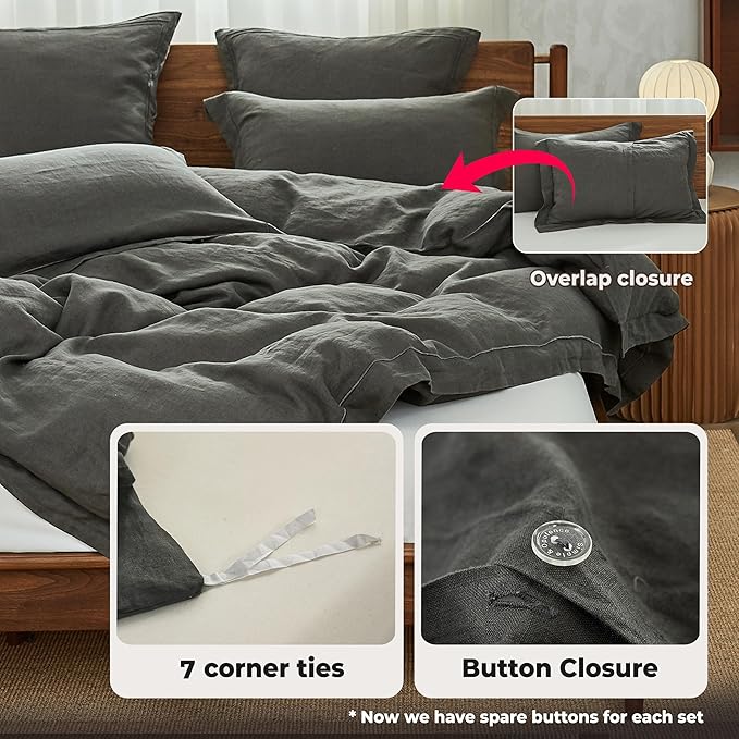 Simple&Opulence 100% Washed Linen Duvet Cover with Embroidered, 3 Pieces Soft Farmhouse Comforter Set with Button Closure,1 Duvet Cover and 2 Pillowshams(King,Charcoal Grey)