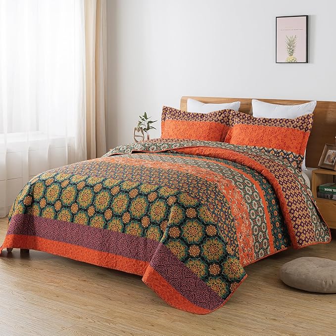 HoneiLife Quilt Sets Queen Size - 3 Pieces Microfiber Quilt Lightweight Bedspreads Wildflower Coverlets Retro Bed Cover Queen Quilt Bedding Set All Season Quilts-Pumpkin