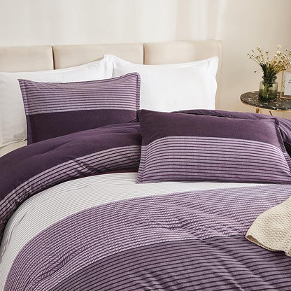 Litanika Purple King Comforter Set, 3 Pieces Striped Bedding Set, Lightweight Soft All Season Down Alternative Comforter Set with Corner Loops (1 Gray&Purple Comforter, 2 Pillowcases)