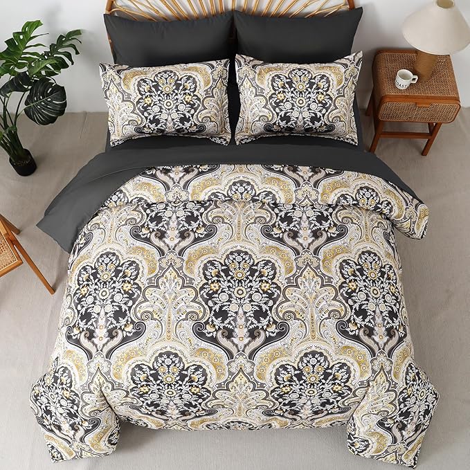 Drucon Boho Paisley Comforter Set King Size, 7 Pieces Bed in a Bag Black Gold Comforter Set, Soft Lightweight Bedding Set (1 Comforter, 1 Flat Sheet, 1 Fitted Sheet, 2 Pillow Shams, 2 Pillowcases)