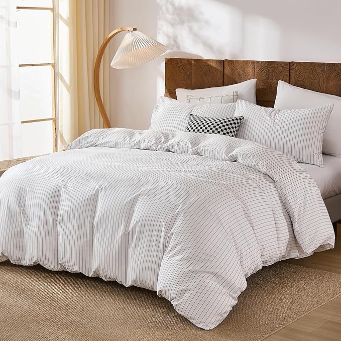Merryword 100% Cotton Duvet Cover Set Queen Size, Black Pinstripe Duvet Cover Set with Zipper Closure & 8 Corner Ties, Soft Lightweight Comforter Cover, Luxury Linen Like Bedding for All Seasons