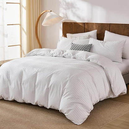 Merryword 100% Cotton Duvet Cover Set Queen Size, Black Pinstripe Duvet Cover Set with Zipper Closure & 8 Corner Ties, Soft Lightweight Comforter Cover, Luxury Linen Like Bedding for All Seasons
