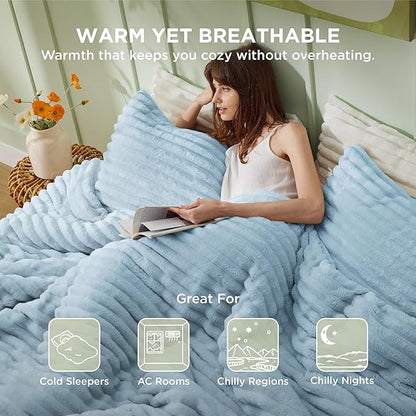 Bedsure King Comforter - GentleSoft™ 3 Pieces Double-Side Fleece Fluffy Light Blue Comforter Set, Cozy Striped Room Decor Aesthetic, Luxury King Size Bedding with 2 Pillowcases, 104x90 Inches