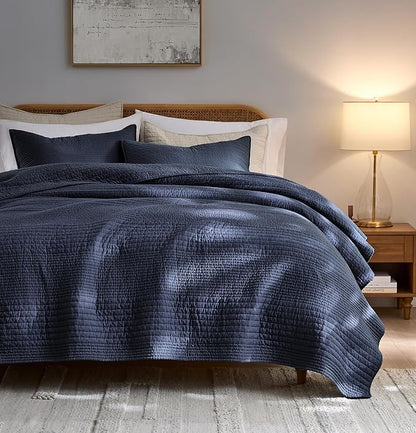 palassio Striped Navy Blue 100% Cotton Quilt King Size Bedding Sets, Lightweight Crinkly Channel Pick Stitch Textured Bedspread Soft Shabby Chic Farmhouse Country Coverlet for All Season, 2 Shams
