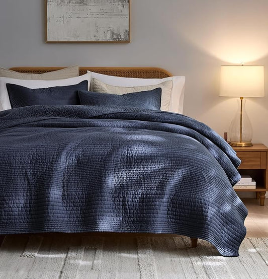 palassio Striped Navy Blue 100% Cotton Quilt King Size Bedding Sets, Lightweight Crinkly Channel Pick Stitch Textured Bedspread Soft Shabby Chic Farmhouse Country Coverlet for All Season, 2 Shams