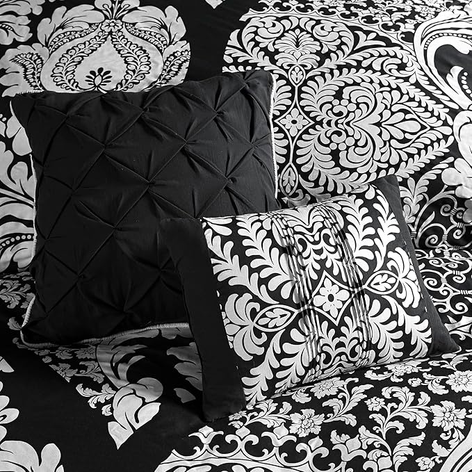 Madison Park Vienna Sateen Cotton Comforter Set, Breathable, Soft Cover, Trendy, All Season Down Alternative Cozy Bedding with Matching Shams, Queen, Black 7 Piece