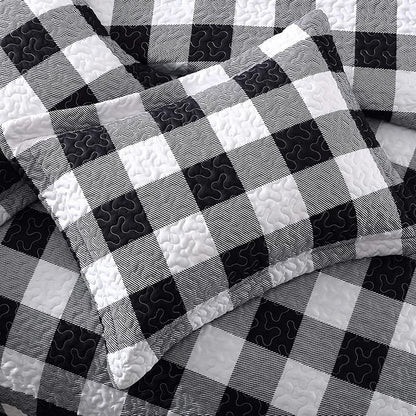 EXQ Home Quilt Set Full/Queen Size 3 Piece,Lightweight Microfiber Coverlet Modern Style Black and White Squares Pattern Bedspread Set(1 Quilt,2 Pillow Shams)