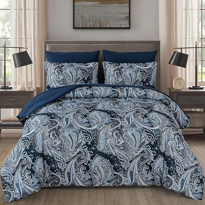 DJY Navy Paisley Comforter Set Full Size 7 Piece Bed in a Bag Boho Paisley Pattern Comforter Set Soft Lightweight Microfiber Blue Reversible Bedding Set for All Season