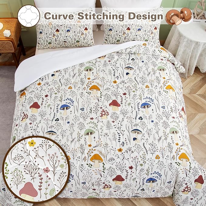 SOULZZZ Mushroom Comforter Set for Women: 3 Piece Colorful Mushroom Decor Twin Bedding with Plants and Flowers, Aesthetic Cute Room Decor Cream Comforter for Kids Adults Boys Girls