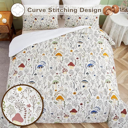 SOULZZZ Mushroom Comforter Set 3 Piece, Colorful Mushrooms Decor Queen Bedding with Plants and Flowers, Aesthetic Cute Mushrooms Room Decor Comforter for Kids Adults Boys Girls, Queen, Cream