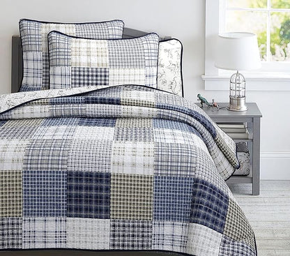 Cozy Line Home Fashions Benjamin Cute Dinosaur Plaid Navy Blue White Grey Bedding Quilt Set 100% Cotton Reversible Coverlet Bedspread Set for Kids Boy (King - 3 Piece)
