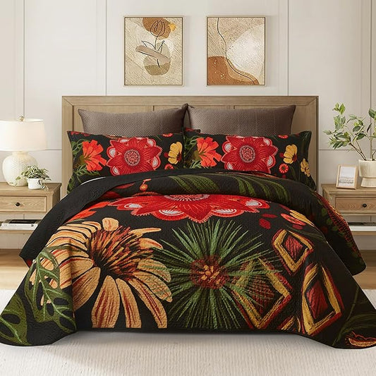 3 Piece Black Red Boho Floral Quilt Sets Full/Queen Farmhouse Reversible Lightweight Bedspread Coverlet with 2 Shams Vintage Mid Century Microfiber Bedding Quilts Set for All Season, 90''x96''