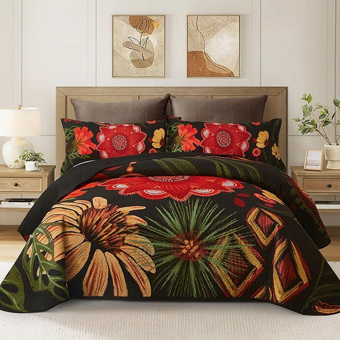 3 Piece Black Red Boho Floral Quilt Sets King Size Farmhouse Reversible Lightweight Bedspread Coverlet with 2 Shams Vintage Mid Century Microfiber Bedding Quilts Set for All Season, 106''x96''