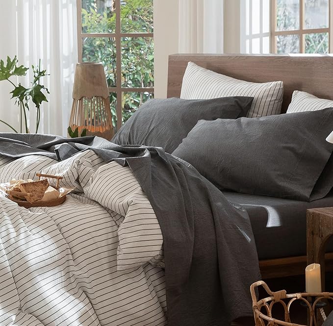 MooMee Bedding Sheet Set 100% Washed Cotton Linen Like Textured Breathable Durable Soft Comfy (Heathered Dark Grey, Full)