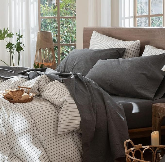 MooMee Bedding Sheet Set 100% Washed Cotton Linen Like Textured Breathable Durable Soft Comfy (Heathered Dark Grey, King)