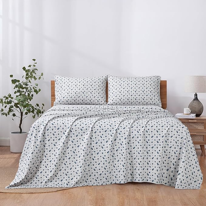 Modern Threads 4-Piece Ultra Soft Microfiber Bed Sheets Set, Wrinkle Free Sheets with Deep Pockets Fitted Sheet, Flat Sheet & Pillowcases, Lightweight Breathable Bedding, Blue Roses, Full