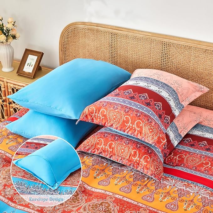 Coral Pink King Size Comforter Set Boho - 7 Pieces Floral Striped Comforter and Sheet Set, Soft Bed in a Bag Complete Bedding Sets for All Season(Coral Pink, King)